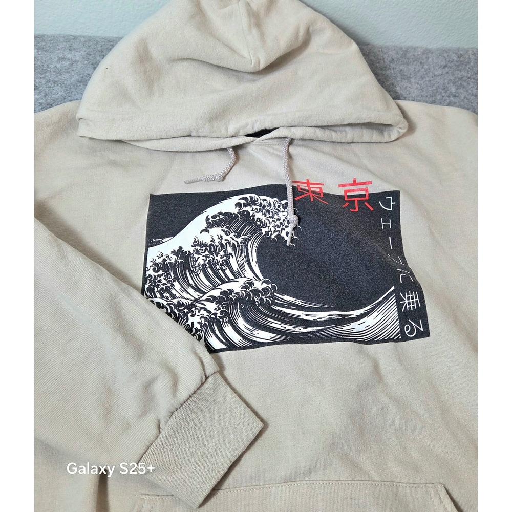 Bowery Supply Co Mens Tan Great Wave Graphic Hoodie Tokyo Kanji Sweatshirt L